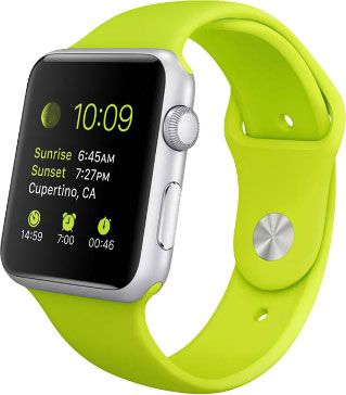 A silver smartwatch with a neon green band displaying time and sunrise/sunset info.